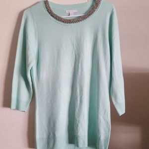 Embellished neck mint green sweater